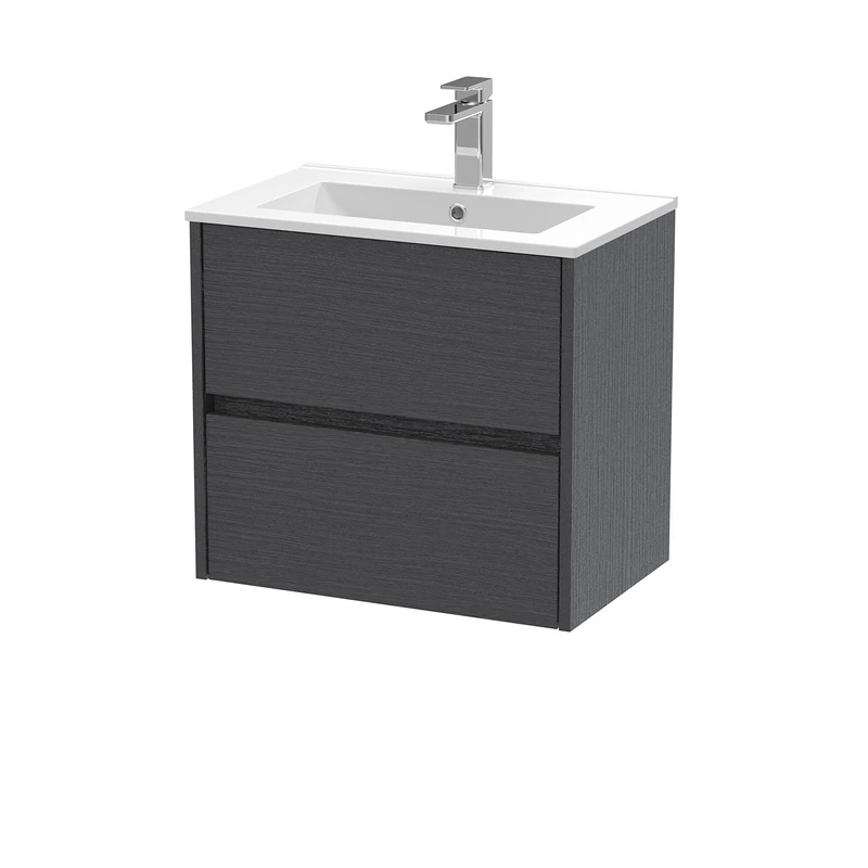 Hudson Reed HAV2204B Havana Modern Bathroom Wall Hung 2 Drawer Vanity Basin Unit & Minimalist Ceramic Basin, 600mm, Woodgrain Graphite Grey