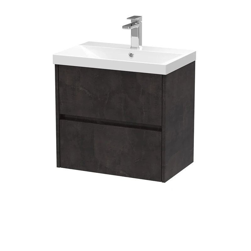 Hudson Reed HAV2604D Havana Modern Bathroom Wall Hung 2 Drawer Vanity Basin Unit & Thin-Edge Ceramic Basin, 600mm, Matt Metallic Slate