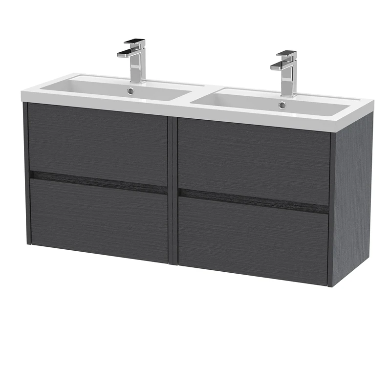 Hudson Reed HAV2204C Havana Modern Bathroom Wall Hung 4 Drawer Vanity Basin Unit & Double Polymarble Basin, 1200mm, Woodgrain Graphite Grey