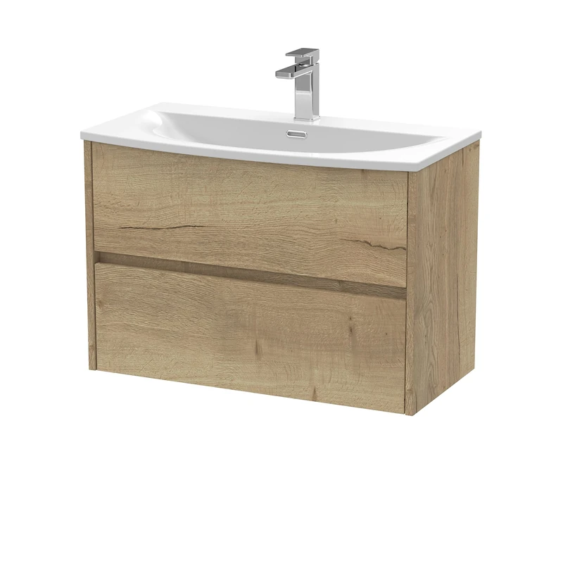Hudson Reed HAV806G Havana Modern Bathroom Wall Hung 2 Drawer Vanity Basin Unit & Curved Ceramic Basin, 800mm, Woodgrain Autumn Oak