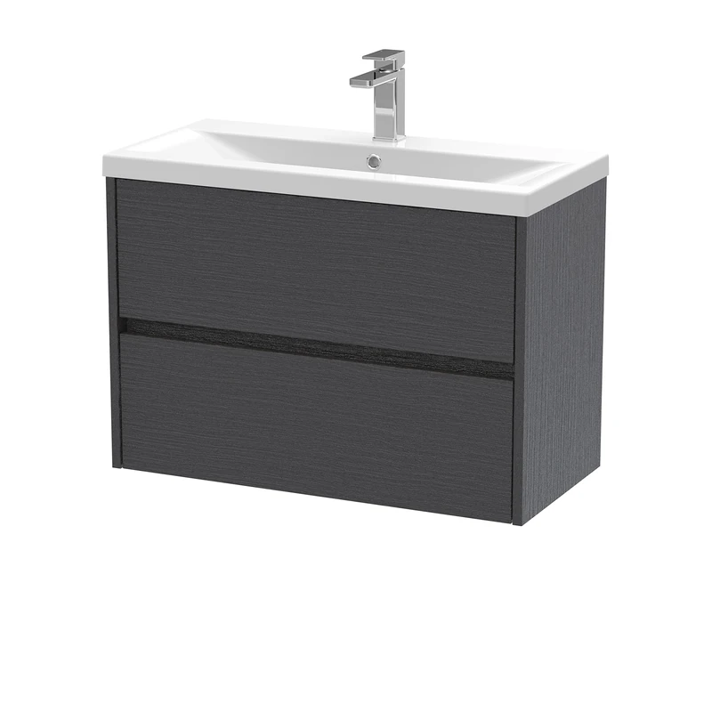 Hudson Reed HAV2206A Havana Wall Hung 2 Drawer Vanity Unit & Mid-Edge Ceramic Basin, 800mm, Woodgrain Graphite Grey