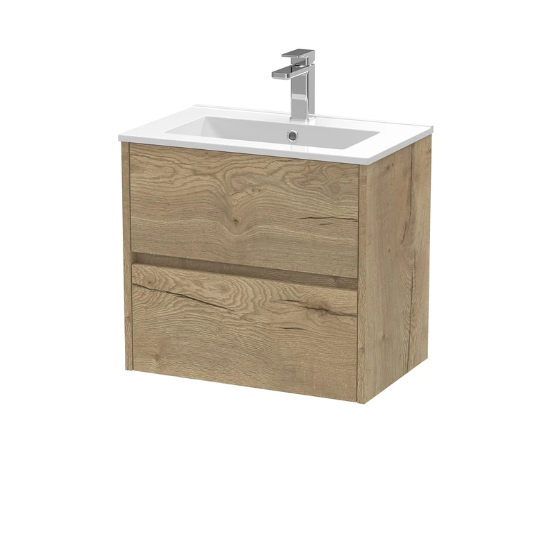 Hudson Reed HAV804B Havana Modern Bathroom Wall Hung 2 Drawer Vanity Basin Unit & Minimalist Ceramic Basin, 600mm, Woodgrain Autumn Oak