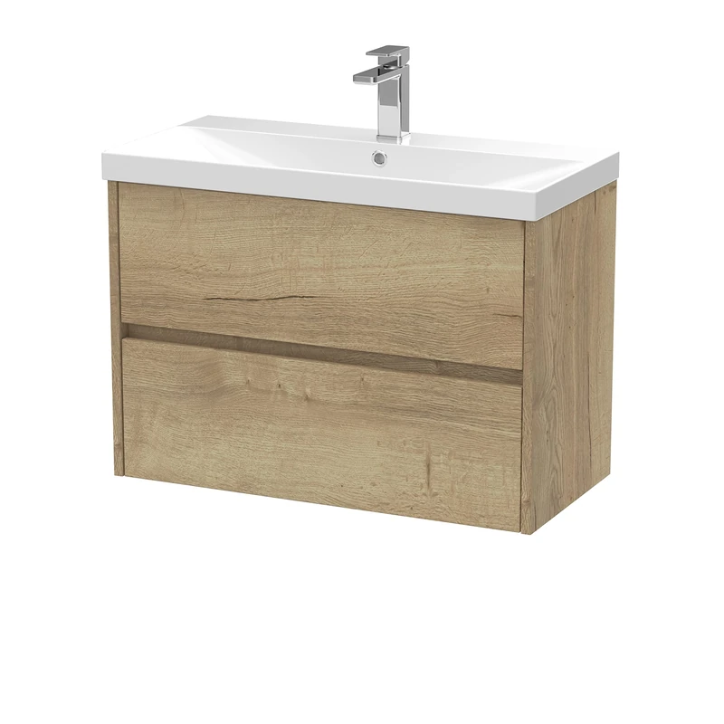 Hudson Reed HAV806D Havana Modern Bathroom Wall Hung 2 Drawer Vanity Basin Unit & Thin-Edge Ceramic Basin, 800mm, Woodgrain Autumn Oak