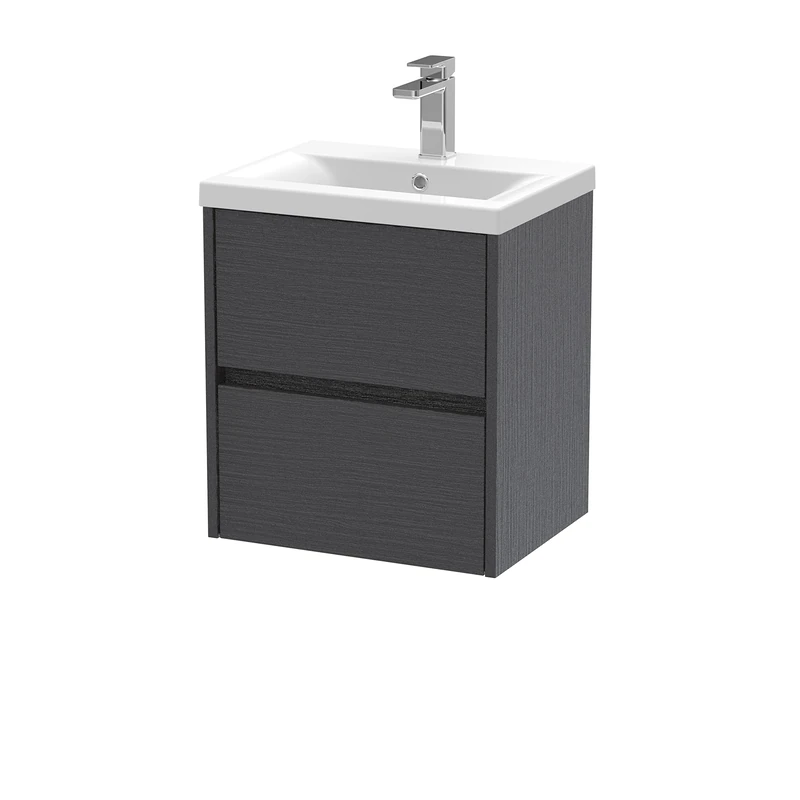 Hudson Reed HAV2202A Havana Modern Bathroom Wall Hung 2 Drawer Vanity Basin Unit & Mid-Edge Ceramic Basin, 500mm, Woodgrain Graphite Grey
