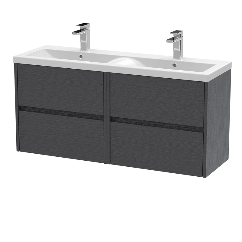 Hudson Reed HAV2204F Havana Modern Bathroom Wall Hung 4 Drawer Vanity Basin Unit & Double Ceramic Basin, 1200mm, Woodgrain Graphite Grey