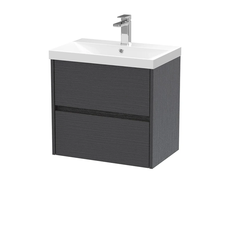 Hudson Reed HAV2204D Havana Modern Bathroom Wall Hung 2 Drawer Vanity Basin Unit & Thin-Edge Ceramic Basin, 600mm, Woodgrain Graphite Grey