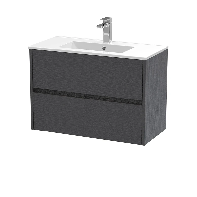 Hudson Reed HAV2206B Havana Modern Bathroom Wall Hung 2 Drawer Vanity Basin Unit & Minimalist Ceramic Basin, 800mm, Woodgrain Graphite Grey