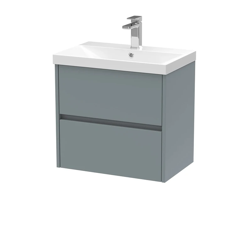 Hudson Reed HAV2304D Havana Modern Bathroom Wall Hung 2 Drawer Vanity Basin Unit & Thin-Edge Ceramic Basin, 600mm, Matt Coastal Grey