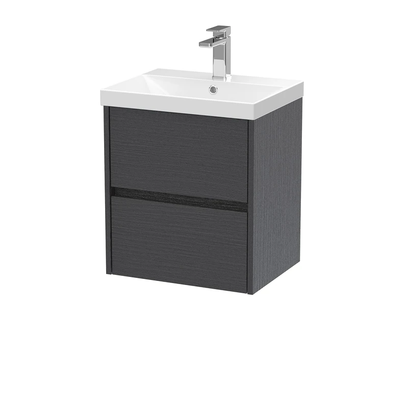 Hudson Reed HAV2202D Havana Modern Bathroom Wall Hung 2 Drawer Vanity Basin Unit & Thin-Edge Ceramic Basin, 500mm, Woodgrain Graphite Grey