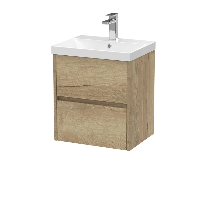 Hudson Reed HAV802D Havana Modern Bathroom Wall Hung 2 Drawer Vanity Basin Unit & Thin-Edge Ceramic Basin, 500mm, Woodgrain Autumn Oak