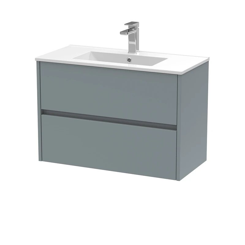 Hudson Reed HAV2306B Havana Modern Bathroom Wall Hung 2 Drawer Vanity Basin Unit & Minimalist Ceramic Basin, 800mm, Matt Coastal Grey
