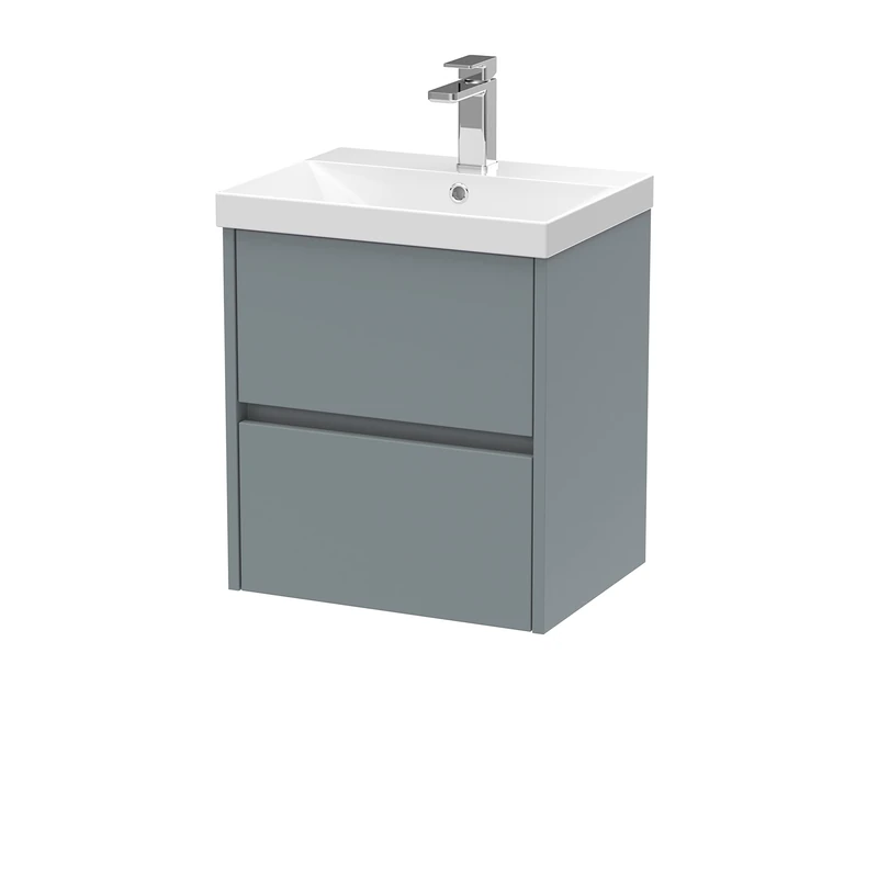 Hudson Reed Wall Hung 2 Drawer Vanity Unit & Thin-Edge Ceramic Basin, 500mm, Matt Coastal Grey