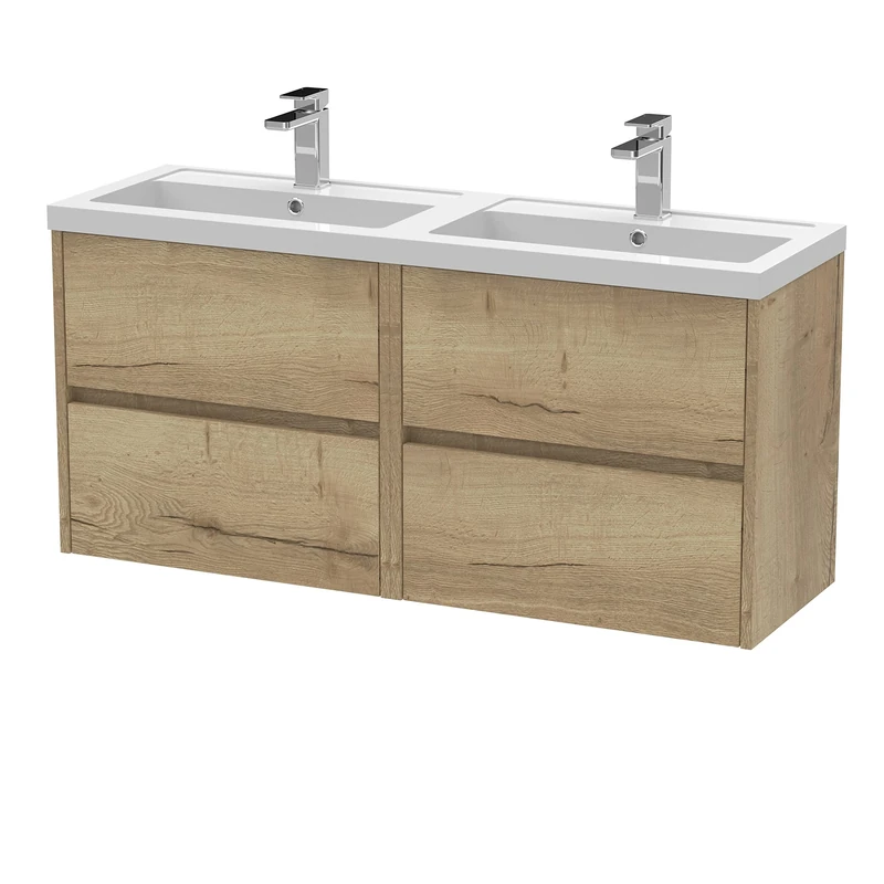 Hudson Reed HAV804C Havana Modern Bathroom Wall Hung 4 Drawer Vanity Basin Unit & Double Polymarble Basin, 1200mm, Woodgrain Autumn Oak