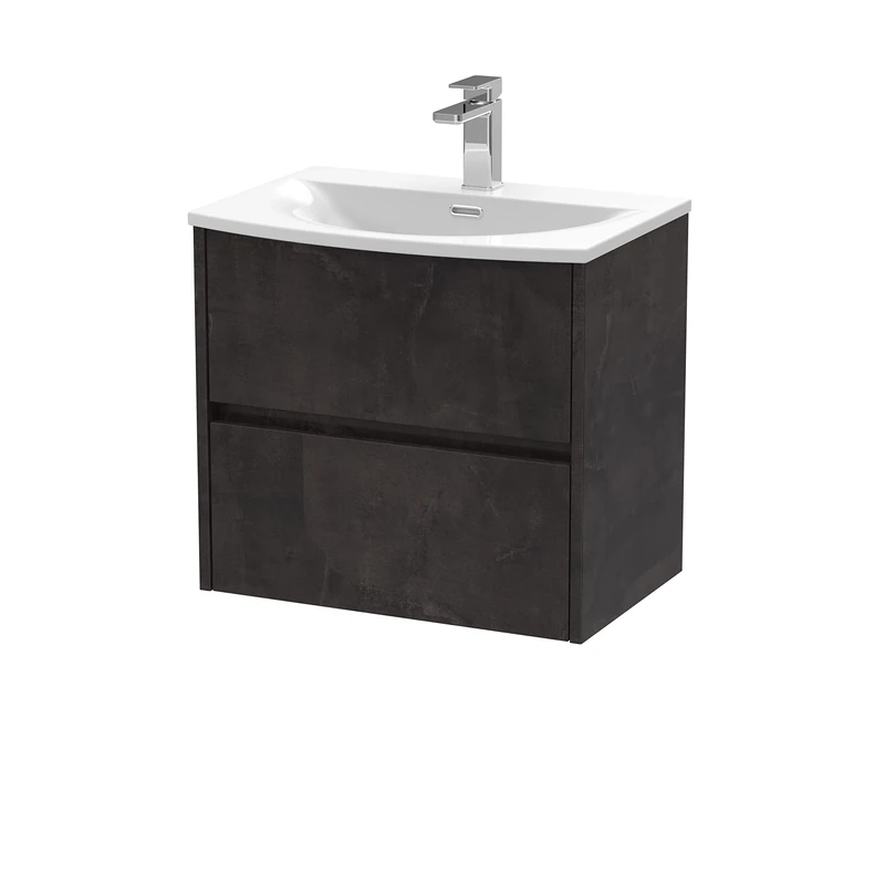 Hudson Reed Wall Hung 2 Drawer Vanity Unit & Curved Ceramic Basin, 600mm, Matt Metallic Slate