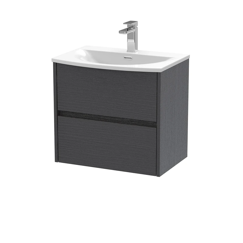 Hudson Reed HAV2204G Havana Modern Bathroom Wall Hung 2 Drawer Vanity Basin Unit & Curved Ceramic Basin, 600mm, Woodgrain Graphite Grey