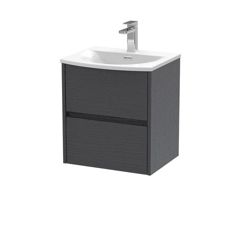 Hudson Reed HAV2202G Havana Wall Hung 2 Drawer Vanity Unit & Curved Ceramic Basin, 500mm, Woodgrain Graphite Grey