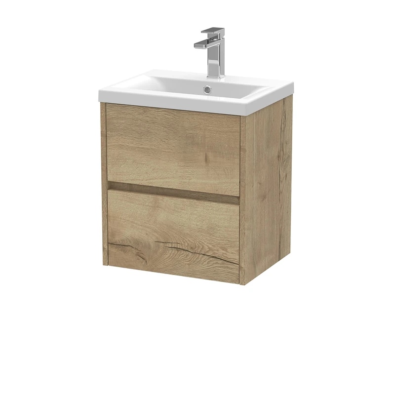 Hudson Reed HAV802A Havana Modern Bathroom Wall Hung 2 Drawer Vanity Basin Unit & Mid-Edge Ceramic Basin, 500mm, Woodgrain Autumn Oak