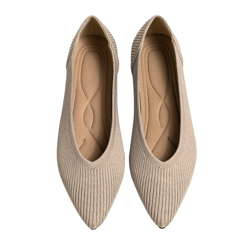 TINGRISE Women's Flats Shoes Pointed Toe Knit Ballet Comfortable Dressy Slip On Flat Beige US8.5