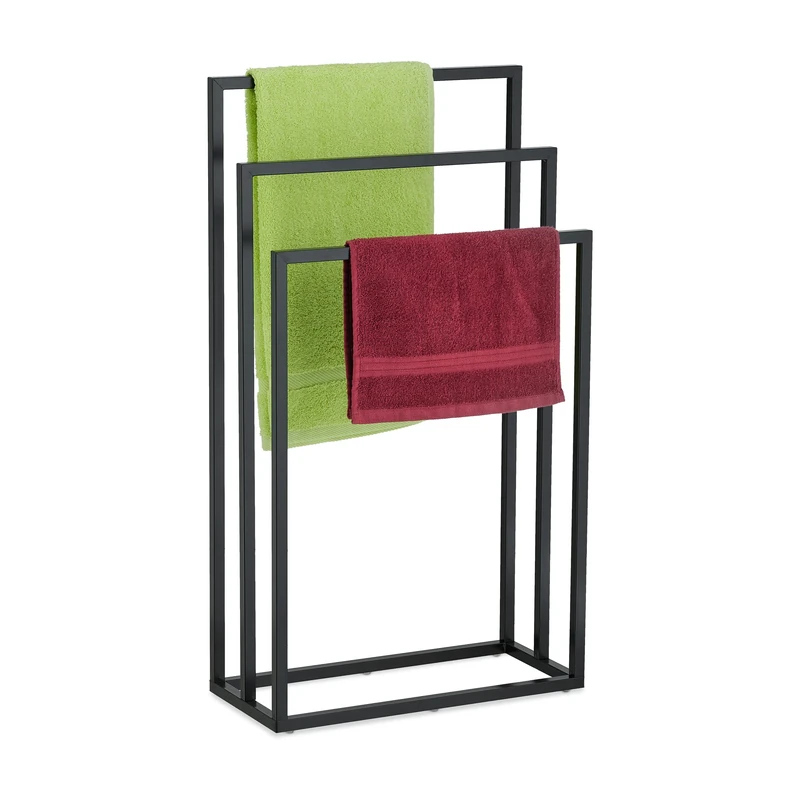 Relaxdays Towel Rack, 3 Rails, Steel, H x W x D: 82.5 x 46 x 21 cm, Standing Towel Holder, Steel, Black