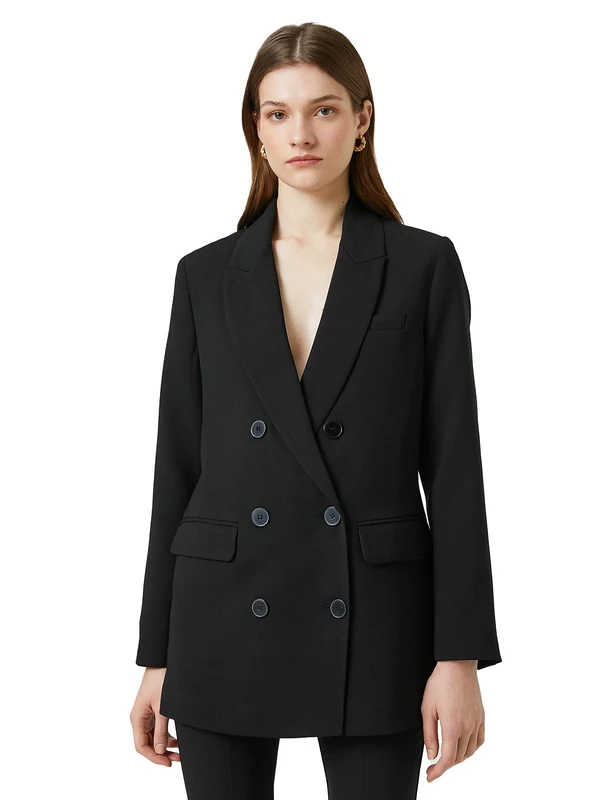 Koton Women's Wrapped Button Blazer Jacket Pocket Detail, Black (999), 8