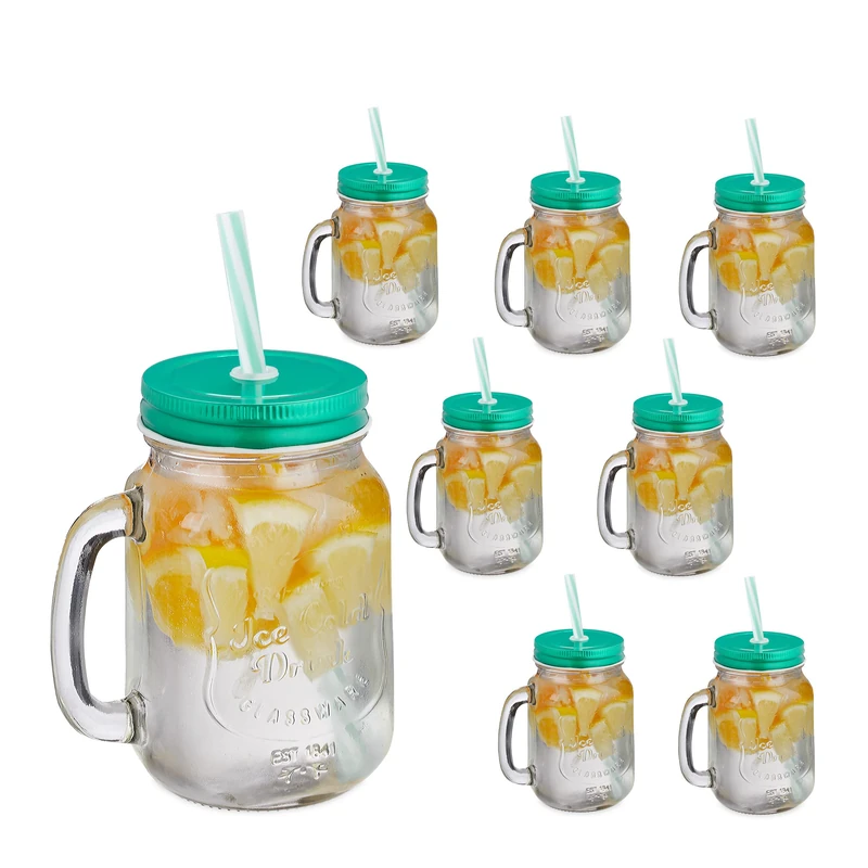 Relaxdays Set of 8 Drinking Glasses, including Lids & Straws, 500ml, Summer, Mason Jars with Handle, Transparent/Green