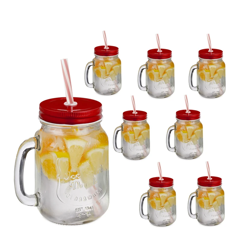 Relaxdays Set of 8 Drinking Glasses, Lids and Straws, 500 ml, Summer, Lemonade Mason Jars with Handle, Transparent/Red