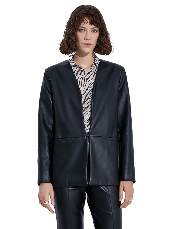 Koton Women's Faux Leather Blazer Jacket, Black (999), 8
