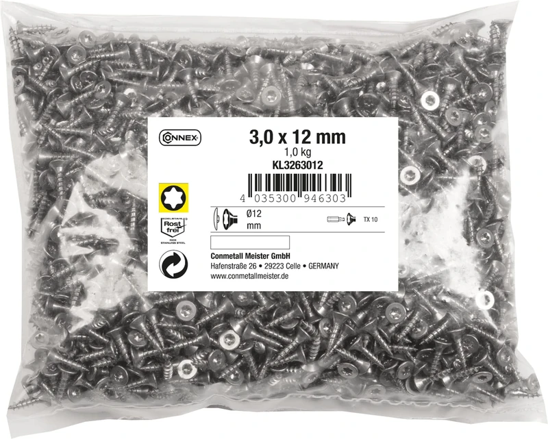 Connex KL3263012 Universal Screws 3.0 x 12 mm - 1 kg Bulk Pack - Countersunk Head - TX Drive - Full Thread - Stainless Steel/Screw Set/Screws in Bag