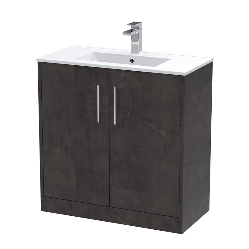 Hudson Reed JNU2605B Juno Modern Bathroom Floor Standing 2 Door Vanity Basin Unit & Minimalist Ceramic Basin, 800mm, Matt Metallic Slate