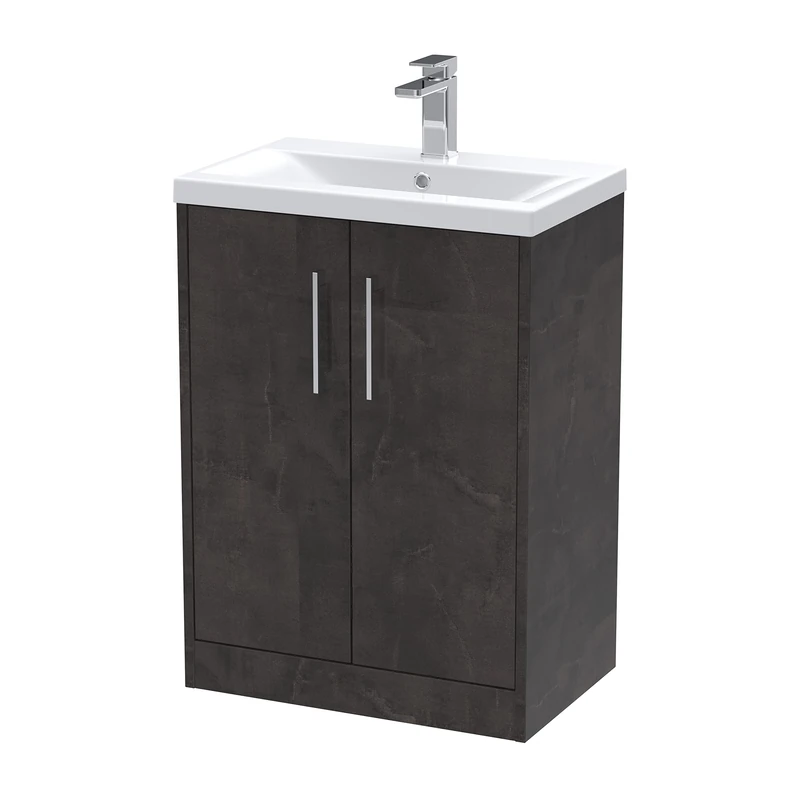 Hudson Reed JNU2603A Juno Modern Bathroom Floor Standing 2 Door Vanity Basin Unit & Mid-Edge Ceramic Basin, 600mm, Matt Metallic Slate