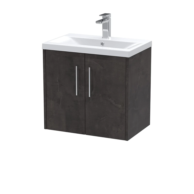 Hudson Reed JNU2623A Juno Modern Bathroom Wall Hung 2 Door Vanity Basin Unit & Mid-Edge Ceramic Basin, 600mm, Matt Metallic Slate