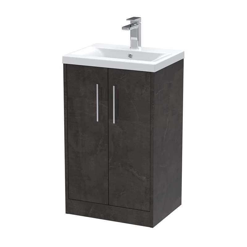 Hudson Reed JNU2601A Juno Modern Bathroom Floor Standing 2 Door Vanity Basin Unit & Mid-Edge Ceramic Basin, 500mm, Matt Metallic Slate