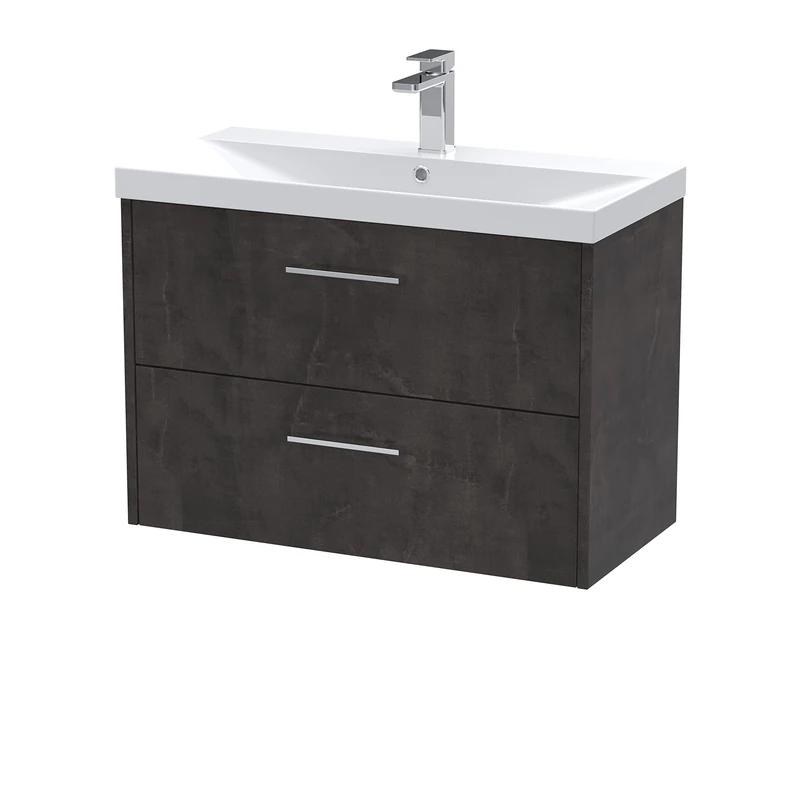 Hudson Reed JNU2626D Juno Modern Bathroom Wall Hung 2 Drawer Vanity Basin Unit & Thin-Edge Ceramic Basin, 800mm, Matt Metallic Slate