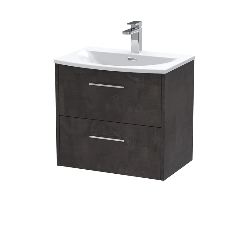 Hudson Reed JNU2624G Juno Modern Bathroom Wall Hung 2 Drawer Vanity Basin Unit & Curved Ceramic Basin, 600mm, Matt Metallic Slate