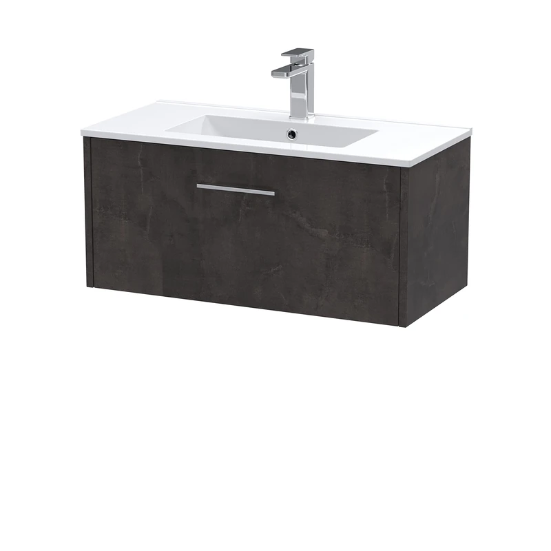 Hudson Reed JNU2625B Juno Wall Hung 1 Drawer Vanity Unit & Minimalist Ceramic Basin, 800mm, Matt Metallic Slate