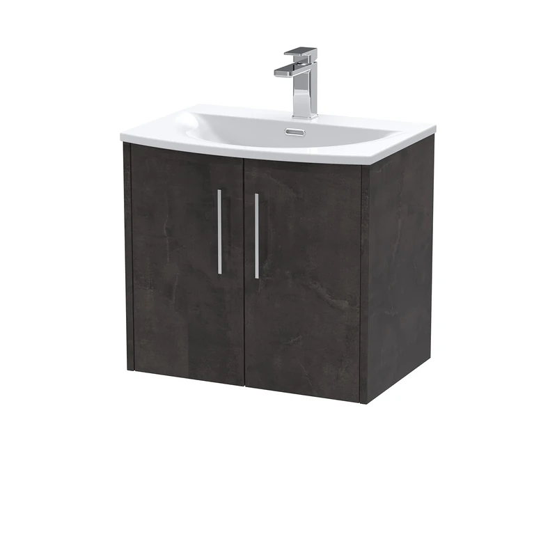 Hudson Reed JNU2623G Juno Modern Bathroom Wall Hung 2 Door Vanity Basin Unit & Curved Ceramic Basin, 600mm, Matt Metallic Slate