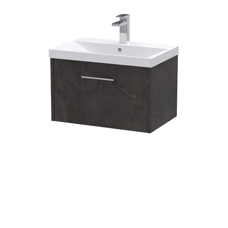 Hudson Reed JNU2622D Juno Modern Bathroom Wall Hung 1 Drawer Vanity Basin Unit & Thin-Edge Ceramic Basin, 600mm, Matt Metallic Slate