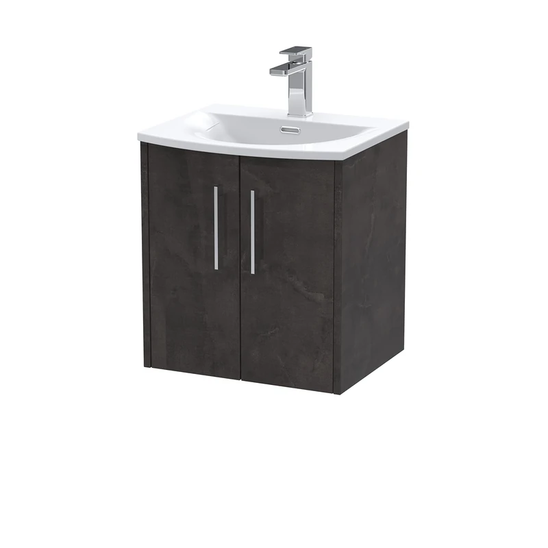 Hudson Reed JNU2621G Juno Modern Bathroom Wall Hung 2 Door Vanity Basin Unit & Curved Ceramic Basin, 500mm, Matt Metallic Slate