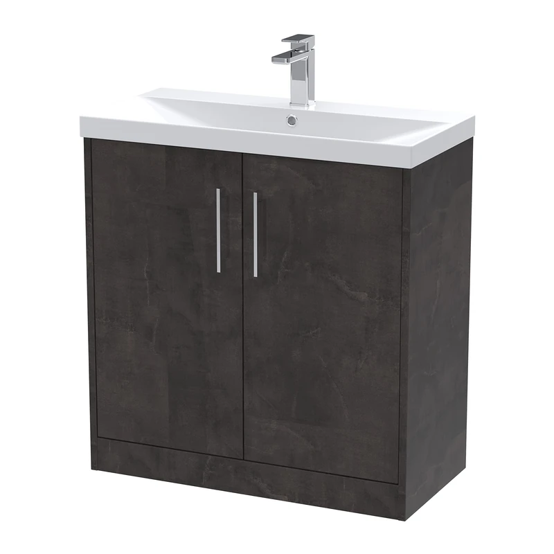 Hudson Reed JNU2605D Juno Modern Bathroom Floor Standing 2 Door Vanity Basin Unit & Thin-Edge Ceramic Basin, 800mm, Matt Metallic Slate - Image 1