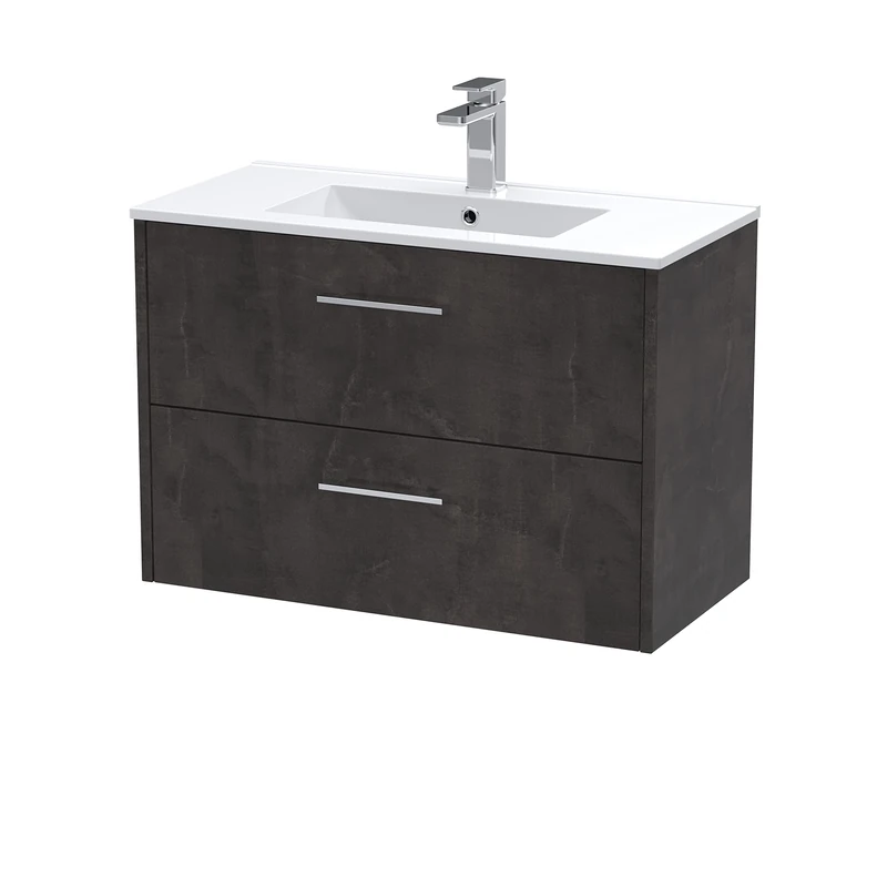 Hudson Reed JNU2626B Juno Modern Bathroom Wall Hung 2 Drawer Vanity Basin Unit & Minimalist Ceramic Basin, 800mm, Matt Metallic Slate