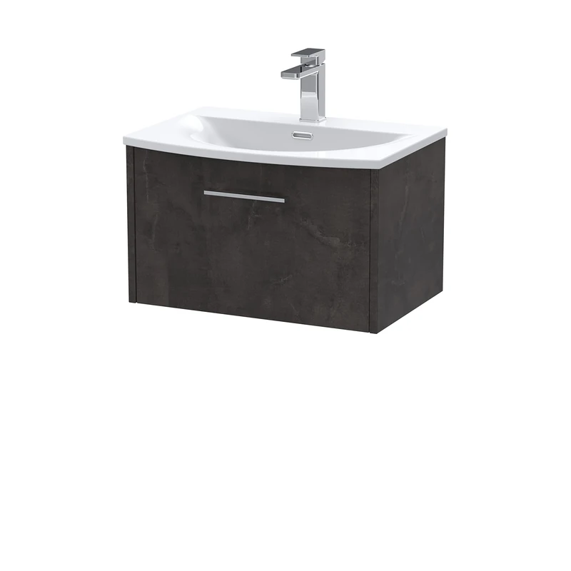 Hudson Reed JNU2622G Juno Modern Bathroom Wall Hung 1 Drawer Vanity Basin Unit & Curved Ceramic Basin, 600mm, Matt Metallic Slate