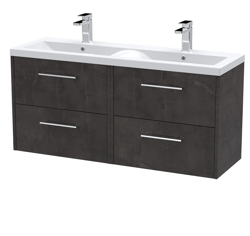 Hudson Reed JNU2624F Juno Modern Bathroom Wall Hung 4 Drawer Vanity Basin Unit & Ceramic Double Basin, 1200mm, Matt Metallic Slate