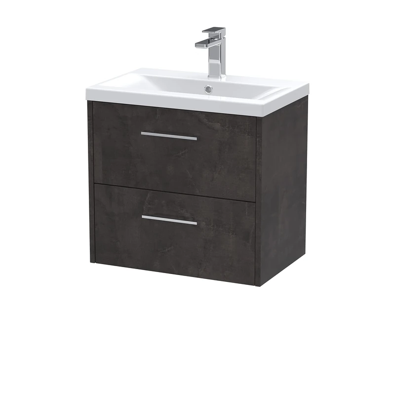 Hudson Reed JNU2624A Juno Modern Bathroom Wall Hung 2 Drawer Vanity Basin Unit & Mid-Edge Ceramic Basin, 600mm, Matt Metallic Slate