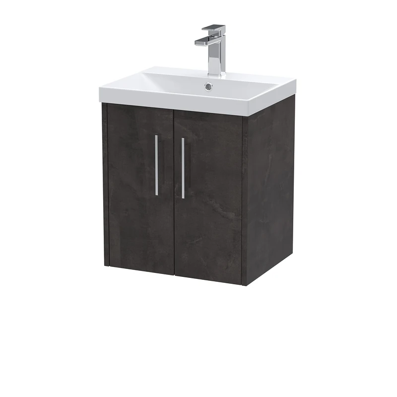 Hudson Reed JNU2621D Juno Modern Bathroom Wall Hung 2 Door Vanity Basin Unit & Thin-Edge Ceramic Basin, 500mm, Matt Metallic Slate
