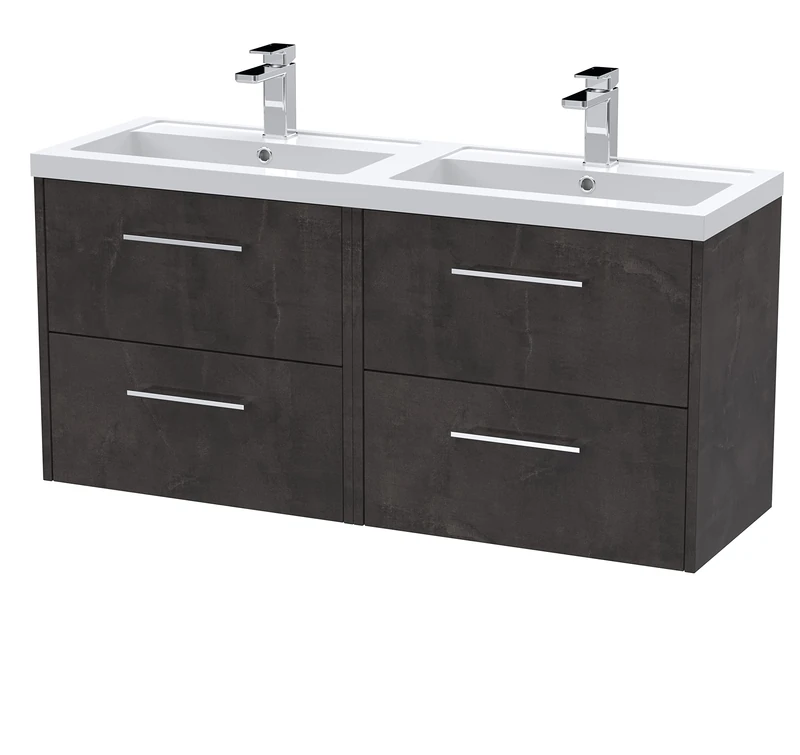 Hudson Reed JNU2624C Juno Modern Bathroom Wall Hung 4 Drawer Vanity Basin Unit & Polymarble Double Basin, 1200mm, Matt Metallic Slate