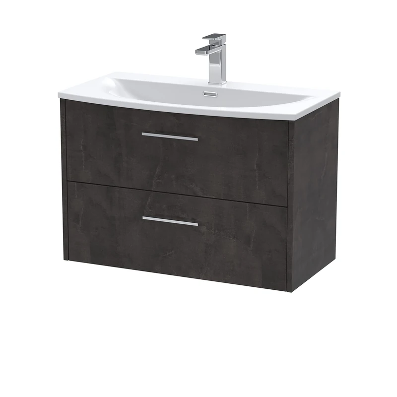 Hudson Reed JNU2626G Juno Modern Bathroom Wall Hung 2 Drawer Vanity Basin Unit & Curved Ceramic Basin, 800mm, Matt Metallic Slate