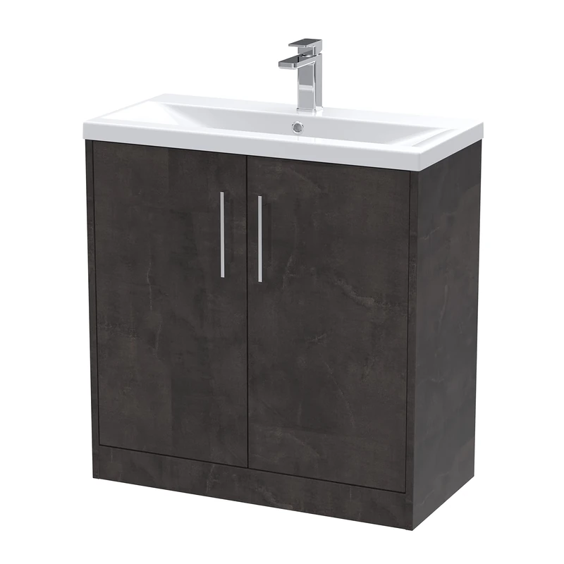 Hudson Reed JNU2605A Juno Modern Bathroom Floor Standing 2 Door Vanity Basin Unit & Mid-Edge Ceramic Basin, 800mm, Matt Metallic Slate