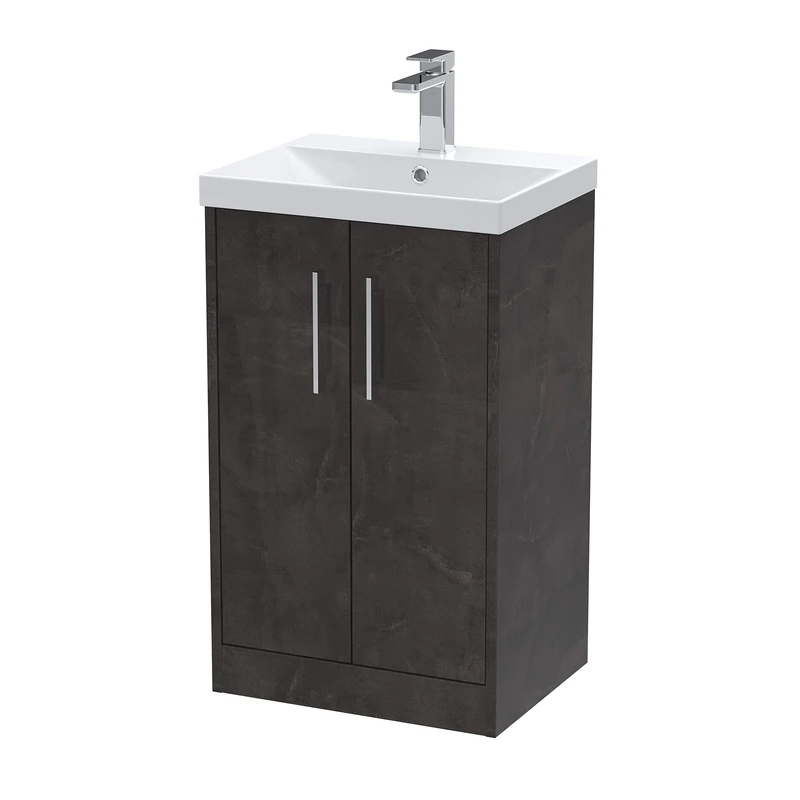 Hudson Reed JNU2601D Juno Modern Bathroom Floor Standing 2 Door Vanity Basin Unit & Thin-Edge Ceramic Basin, 500mm, Matt Metallic Slate