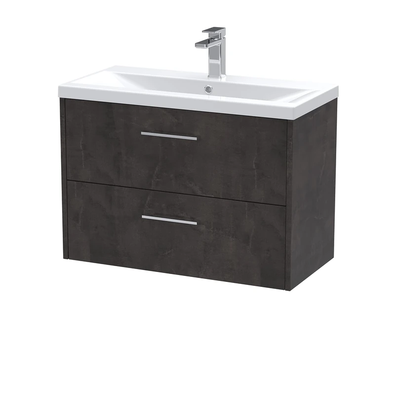 Hudson Reed JNU2626A Juno Modern Bathroom Wall Hung 2 Drawer Vanity Basin Unit & Mid-Edge Ceramic Basin, 800mm, Matt Metallic Slate