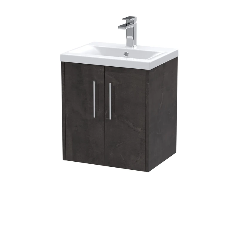 Hudson Reed JNU2621A Juno Modern Bathroom Wall Hung 2 Door Vanity Basin Unit & Mid-Edge Ceramic Basin, 500mm, Matt Metallic Slate